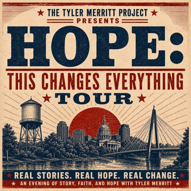 Retro HOPE tour poster featuring city skyline